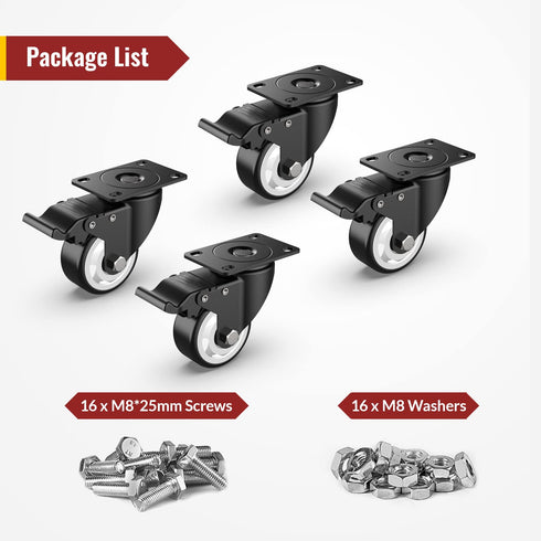 HOLKIE 3 inch Caster Wheels, Industrial Heavy Duty Swivel Casters with Safety Brake, Total Capacity 1000lbs, Pack of 4
