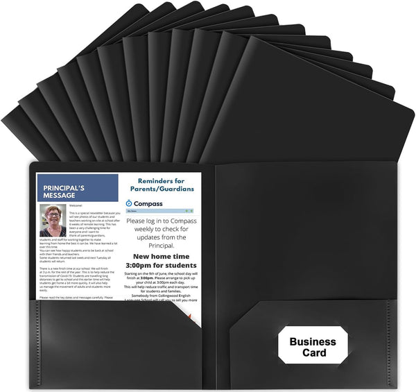 HABGP 12 Pack Black File Folders with Pockets, Letter Size Plastic 2 Pocket Folders for Documents, School Supplies