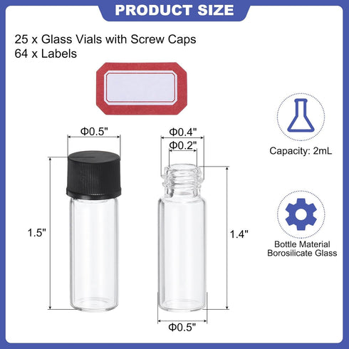 PATIKIL 2ml Clear Glass Vials, 25 Pack Sample Vials with Screw Cap Reagent Media Bottle with Labels Leak-Proof Liquid Sample Glass Vial for Lab Laboratory