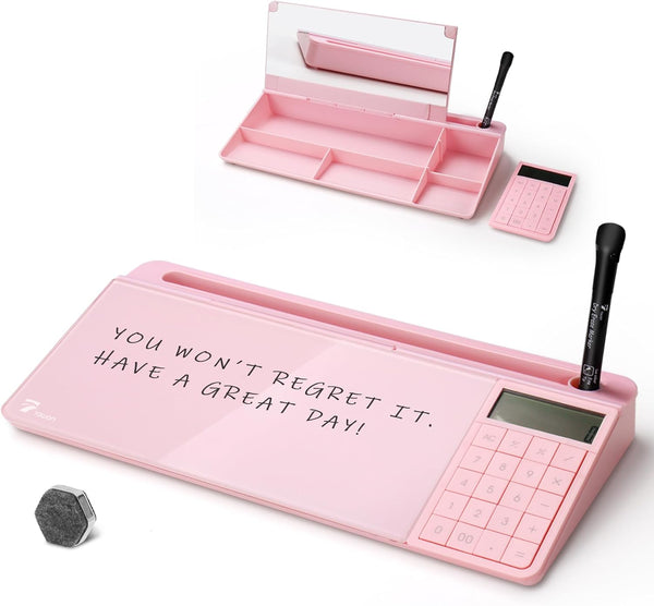 TOWON Pink Desk Dry Erase Board with Detachable Calculator, Small Glass Desktop Whiteboard, 17 x 6 in