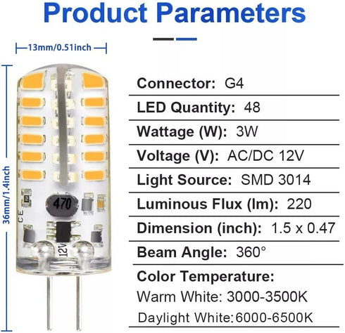 Welitesim 6pcs LED Bulb, Bi-Pin Base Lights, 3W AC/DC 12V, Warm White 3000K, G4 Bulb for Outdoor Lighting