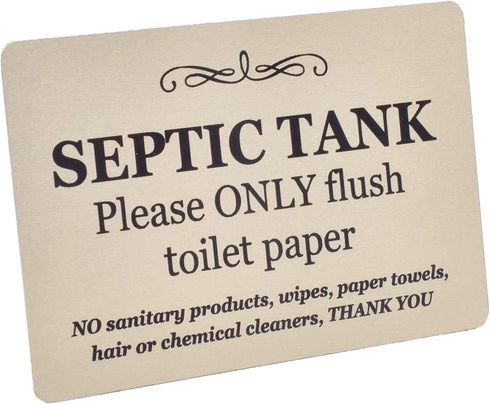 Septic tank Sign - aluminium composite with adhesive, notice, plaque for toilets, bathrooms, W.C, loo. rest room (Gold) by OriginDesigned