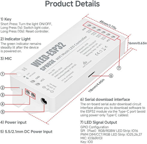 ESP32 SP803E WS2811,WS2812,SK6812,WS2814,WS2815 Dimming BTF-LIGHTING WLED LED Strip Controller Built-in Mic DIY Dynamic