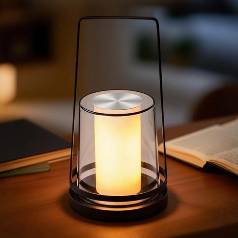 Dimmable Black Touch Table Lamp with Dynamic Flame Effect - Portable, Rechargeable Bedside Lamp, Tap for Flickering