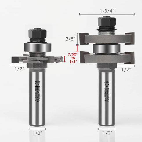 Set 1/2 Inch 7/32" 3/8" Pro Adjustable Tongue and Groove Router Bit Shank, T Shape Wood Milling Router Bit for Match
