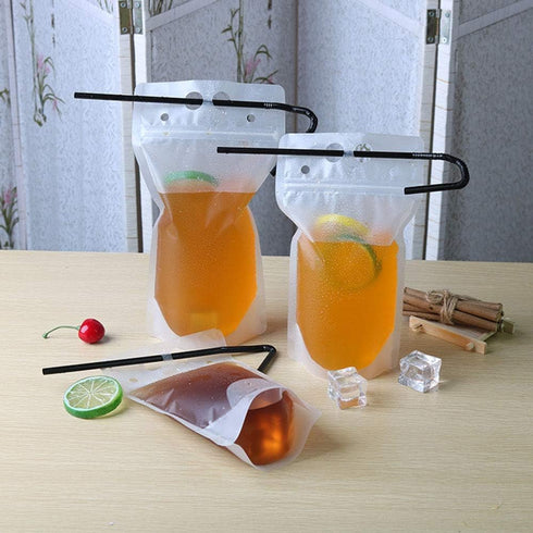 100 Sets Pcs Drink Pouches with Straws, Freezable Drink Bags Juice Pouches for Adults and Kids, Reclosable Zipper