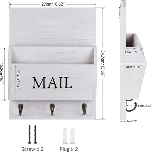 DLQuarts Mail Organizer with Key Holder, Wall Mounted Wooden Mail Sorter with 3 Hooks, White