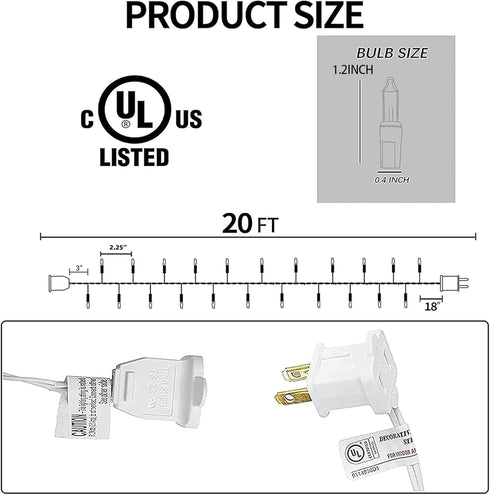 20FT 100 Count TW SHINE Warm White Christmas Lights, Incandescent White Wire Christmas Tree Lights, Waterproof Xmas