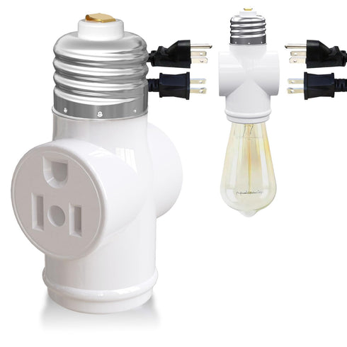 Light Socket Adapter, E26 to 3-Prong Outlet Adapter and Light Bulb Socket, 1 Pack, White