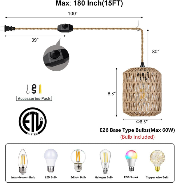 6W Bulb Light(3000K) Dimmable 15ft Plug in Pendant Light with LED Warm Switch Cute Rattan Hanging Lamp Cord Hand Woven