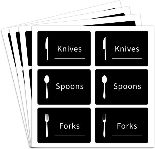Black Cutlery Sign Stickers, Self Adhesive Labels for Marking Forks, Spoons, and Knives