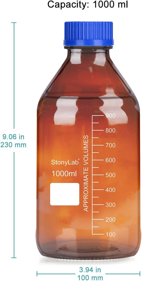 stonylab Storage Bottles with GL45 Screw Cap, 1000 ml Amber Borosilicate Glass Graduated Round Storage Bottle for Lab Reagent Media Storage Bottles with Blue Screw Cap, 1 Pack by stonylab