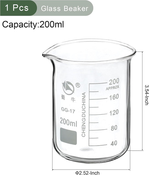 YOKIVE Low Form Glass Beaker, Laboratory Use Liquid Measuring Cup, Great for Lab, Kitchen, Daily Use (Clear, 200ML)