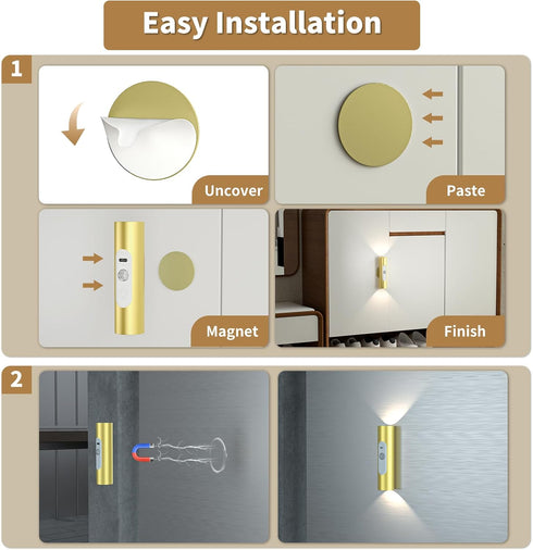 3 Bedroom,Picture,LED,Gold,2 Pack WOBSION Motion Sensor Wall Light with Remote Control, Rechargeable Wireless Wall