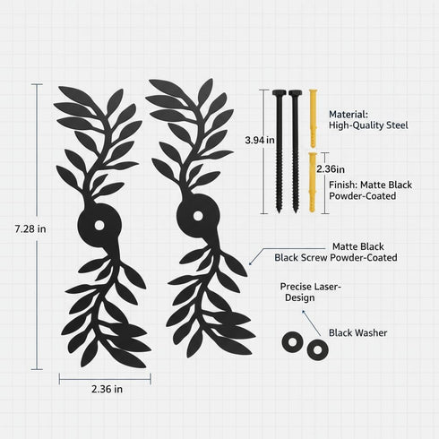 7-Inch (4-Pcs, Black Leaf Shaped Shutter Tieback, Decorative Shutter Holder with Installation Hardware, Exterior