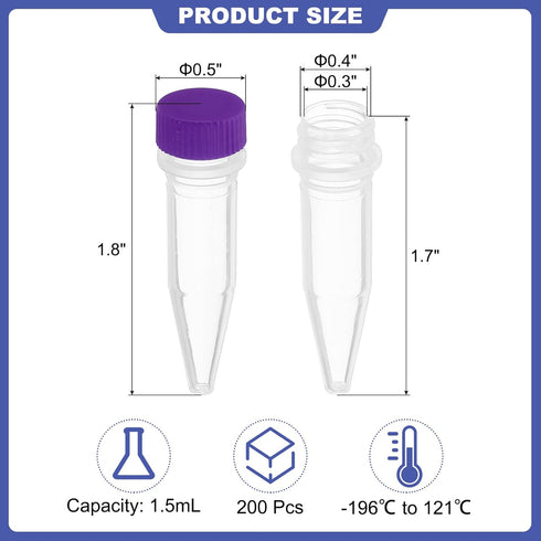 PATIKIL 1.5ml Plastic Cryogenic, 200Pcs Cryogenic Vial Screw Top Frozen Test Tube for Lab Laboratory Science, Purple Cap