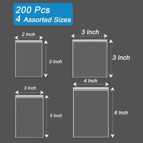 200 Pack Small Plastic Bags for Jewelry, Mini Baggies in 4 Assorted Sizes, Clear Poly Zipper Lock Bags