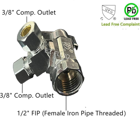 EZ-Fluid 1/2" Fip X 3/8" Comp X 3/8" Comp Heavy Duty Chrome Brass Angle Stop Valve, Water Shut Off Ball Valve (1)