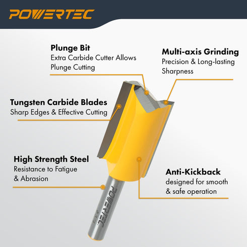 1/4 3/4" 1-1/4" (73066) POWERTEC Tungsten Carbide Tipped Double Flute Straight Router Bit, " Shank, Cutting Dia.