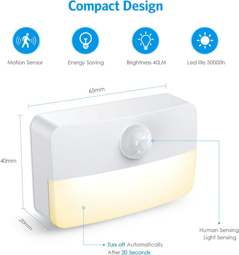 AMIR 2 Pack 40 3000K, Closet Mini Motion Sensor Stair Light for Indoor, Battery-Powered LED Night Light, Lumen Cordless