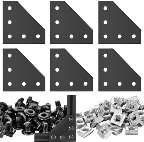 2020 Corner Bracket Connectors 6mm Slot L Shape Joint Plates, 5 Hole, 6 Sets for 2020 Series (L Black)