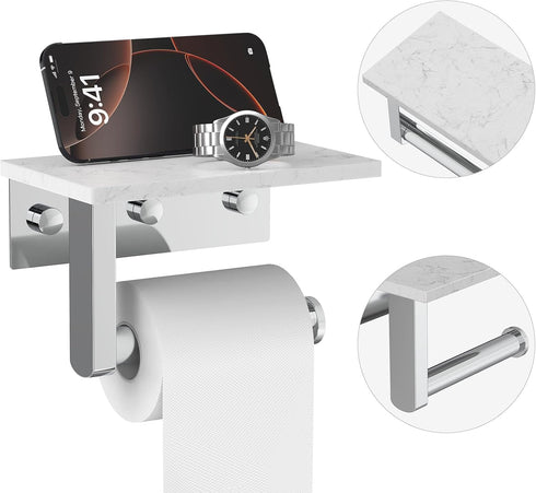 304 Toilet Paper Holder with Marble Shelf, Stainless Steel Tissue Hand Holder Wall Mounted Toilet Paper Roll Hold