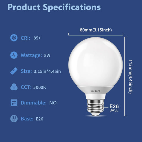 KOHEOPT G25 Bulbs,120V 5W(60W 5000K CRI85+ Bathroom,E26 Non-Dimmable (2 Pack) LED Globe Light Equivalent), Daylight