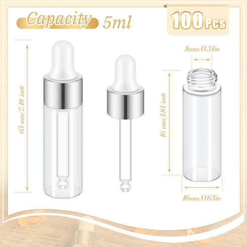 100 Pcs Mini Clear Glass Dropper Bottles Bulk with Cap for Essential Oil Tincture Sample Containers Perfume Liquid (5