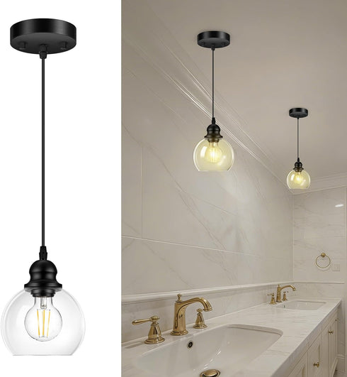 71 Inch Fixture(E26 Bulb) Pendant Lights Kitchen Island, Black Pendant Light with Glass Lampshade, Adjustable Hanging