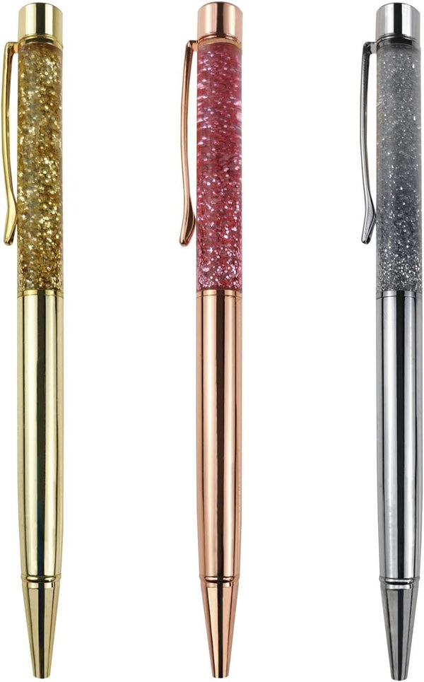 Fancy Metal Ballpoint Pens - Floating Glitter Dynamic Liquid Sand Pen, Black Ink, 3 Count