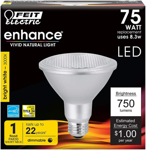 Feit Electric PAR30 LED Light Bulb, Short Neck, Dimmable, 750 Lumen, 22 Year Lifespan, 3000k Bright White, PAR30 LED Spotlight Bulb, E26 Medium Screw Base, Indoor/Outdoor, PAR30SDM/930CA by Feit Electric