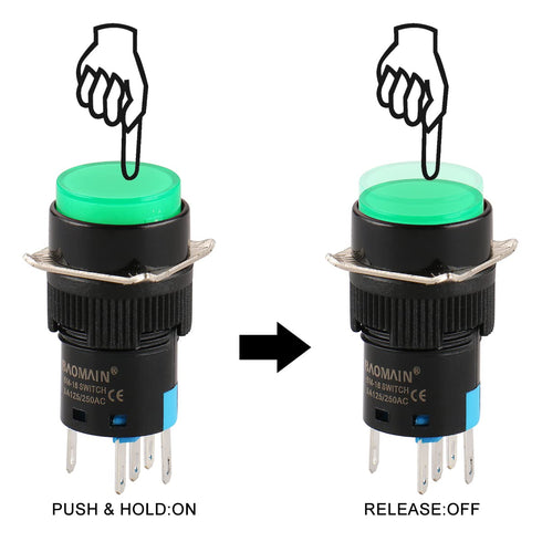 Baomain 5/8" 16mm Push Button Switch Momentary Round Cap LED Lamp, 5 Pack, Red Yellow Orange Blue Green Light DC 24V