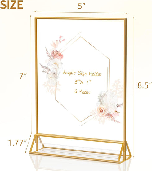 KILY-WILY 5X7 (Pack 6) Clear Acrylic Sign Holder Gold Picture Frames, Double Sided Menu Display Stand for Weddings