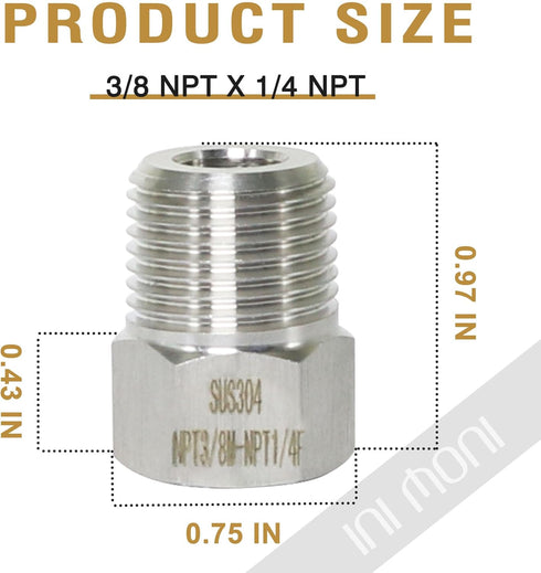 Stainless Steel Reducer Hex Bushing, 3/8 Male to 1/4 Female NPT Thread Reducing Adapter (Pack of 2)