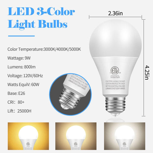 A19 3-Color LED Light Bulbs with Soft Warm, Warm White and Daylight, Color Changing Light Bulb, Multicolor Light Bulb, 9W(60 Watt Equivalent,), 800 Lumens, E26 Base,CRI 80+,4Pack by MXhme