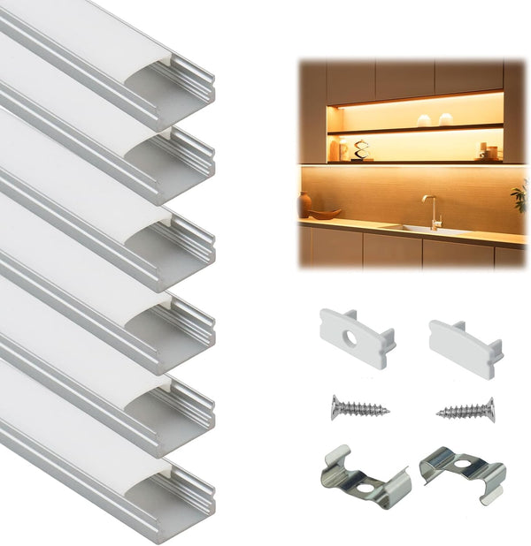 Muzata 6Pack 3.3FT/1M LED Channel Aluminum U Shape Silver LED Strip Diffuser