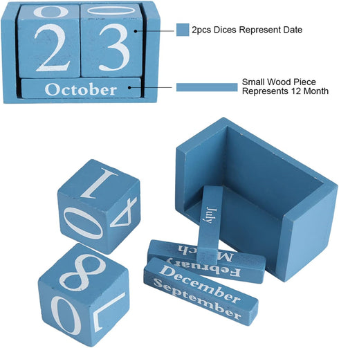 European Perpetual Wooden Calendar, Desktop Block Wood Calendar DIY Yearly Planner, 9.4 x 5.2 x 4.1cm (Blue)