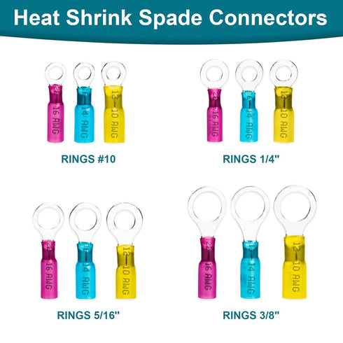 50 PCS Heat Shrink Wire Connectors, 12-10 AWG Ring Terminals Waterproof, 12-10 AWG 3/8" Stud(M10) Wire Terminals Marine Automotive