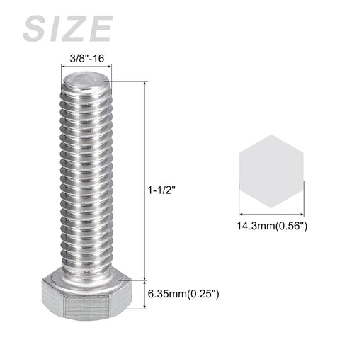 Hex Bolts 8Pcs (3/8-16x1-1/2") - 304 Stainless Steel UNC Fully Threaded Hex Head Screw Bolt for Furniture Repair, Silver