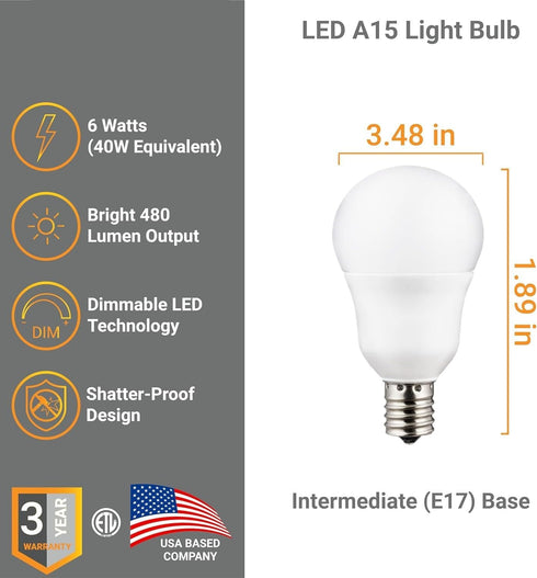 A15 Bulb 6W (40W 480 4000K Dimmable E17 Diodesy- LED Appliance Light Equivalent) Lumens Cool White Intermediate Base