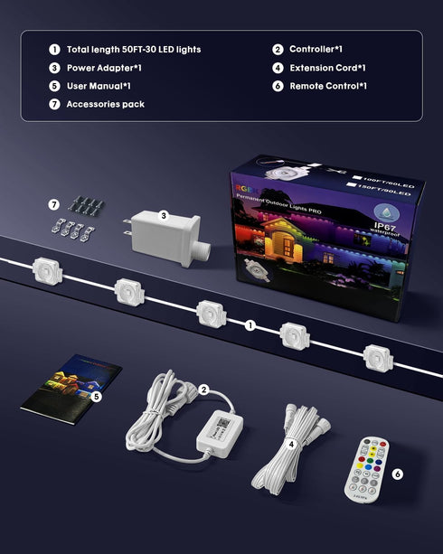 PIYOOPDR 50FT, 4000K (IP67), Permanent Outdoor Lights Smart RGB-IC Eave Lights, DIY LED Christmas Light, White