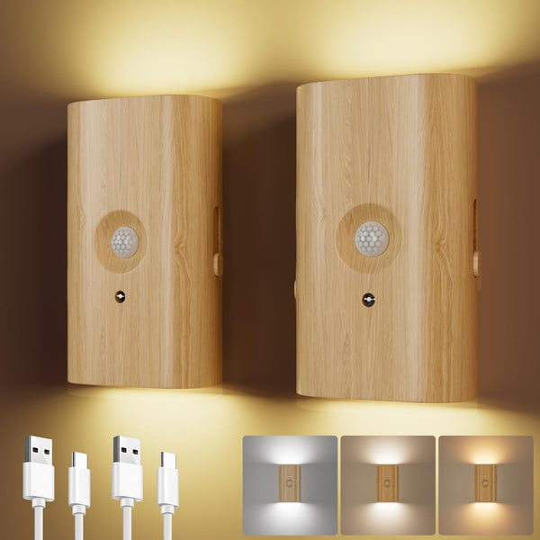 Wood Grain Night Light with Motion Sensor, Magnetic Attachment, Wireless, 3600 mAh