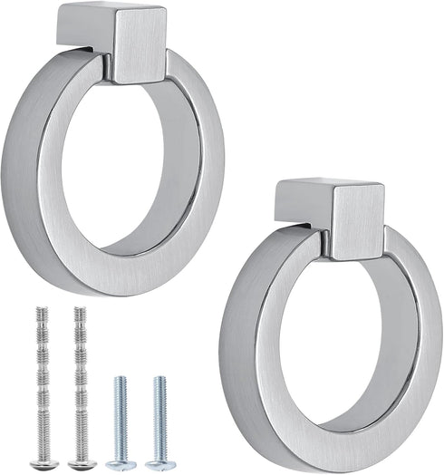 Brushed Nickel Cabinet Knobs, Drawer Ring Pulls, Zinc Alloy Closet Cupboard Door Knob Ring Handles, 2 Pack
