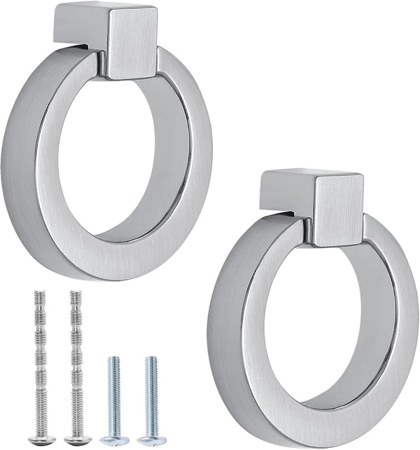 Brushed Nickel Cabinet Knobs, Drawer Ring Pulls, Zinc Alloy Closet Cupboard Door Knob Ring Handles, 2 Pack