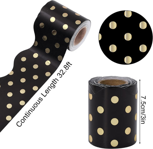 Whaline 32.8ft Dot Bulletin Board Borders Black with Gold Foil Dot Die-Cut Rolled Border Trim for School Classroom Home Chalkboard Decoration by Whaline