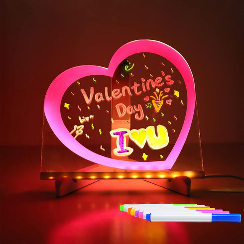 ENUOLI Acrylic Dry Erase Board with Light Pink Heart, LED Message Board with Stand for Desk, 7 Pens for Home & Wedding