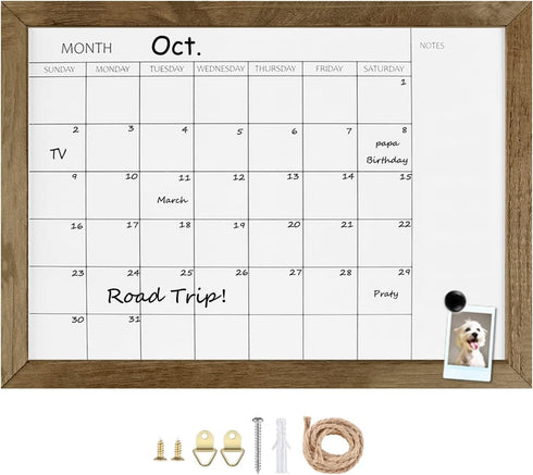 TORASO Dry Erase Monthly Calendar Board, Solid Pine Wood Rustic Brown Frame Magnetic Whiteboard for Wall