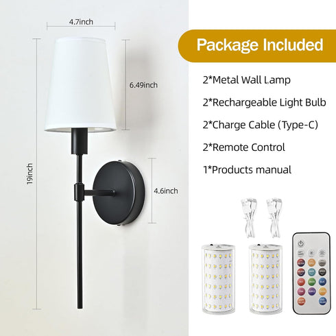 BAKZARY Set 2, 2 52000mAh Bulbs, 18 Dimmable Battery Operated Wall Sconce of Rechargeable Wall Lights with * Magnetic