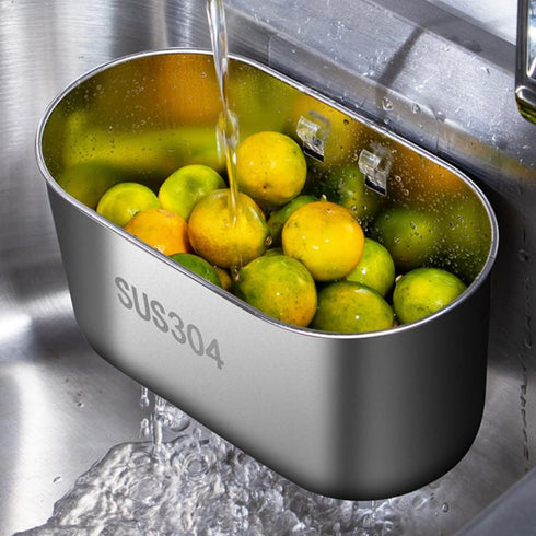Frinovalt Stainless Steel Drain Basket, Kitchen Sink Drain Basket Storage Rack Strainer for Vegetables, Fruits, Kitchen