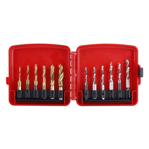 12pcs Metric & Inch Tap Drill Bits M3-M10 Hex Shank Plated HSS with Red Case for Tapping Various Threads